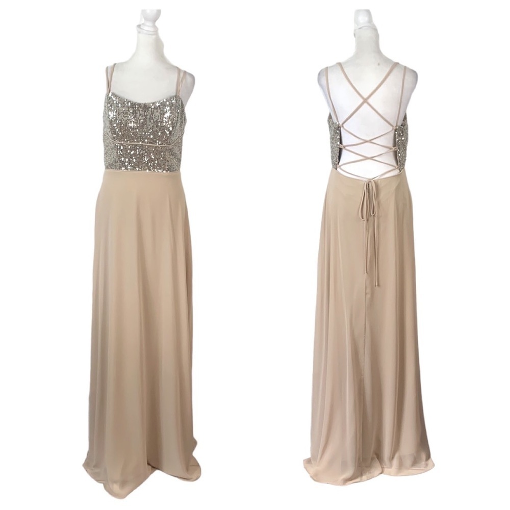 Cachet Nude Lace Up Gown with Sequined Bodice- NWT